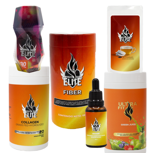 Ultra fit elite + fibra + drenador + detox tea + jugo verde + colágeno