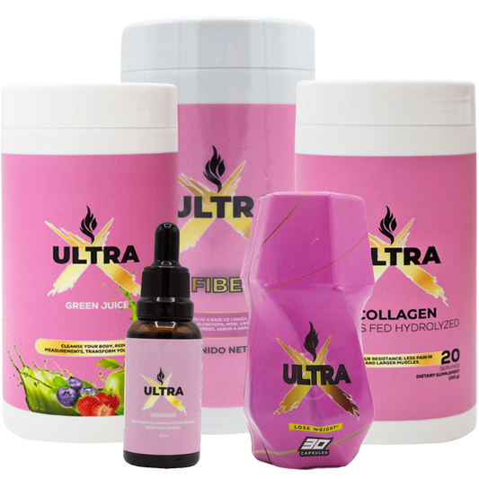Ultra X + fibra + drenador + jugo verde + colágeno