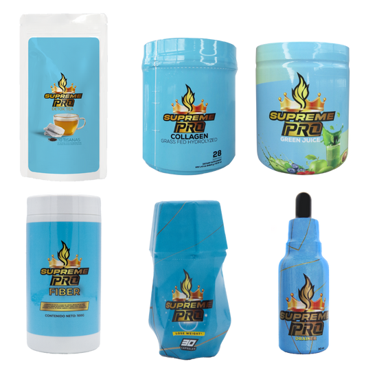 LÍNEA SUPREME PRO QUEMADOR + DRAINER + FIBRA + JUGO VERDE + COLÁGENO + DETOX TEA